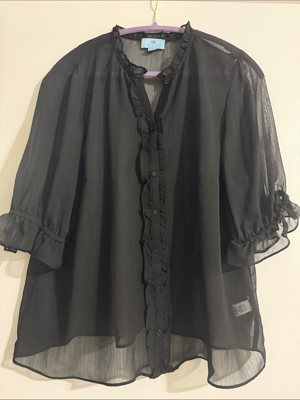 CeCe Black Sheer Ruffle-Trim Button Front Blouse